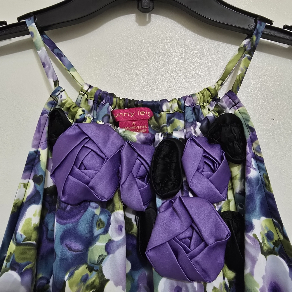 SUNNY LEIGH size Small Floral Satin Tank 3D‎ Neckline Purple Green Cottagecore - Picture 8 of 12